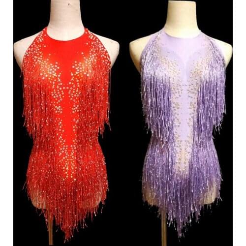 New Purple Red Shining Fringes Rhinestones Bodysuit Dance Show One-piece Sexy Costume Womens Performance Leotard freeshipping