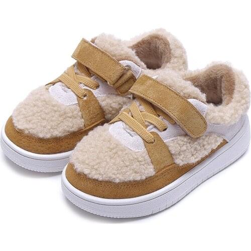 CAPSELLA Kids Boys Patchwork Fashion Sneakers Flat Casual Shoes Child Girls Winter Warm Plush Lining Cotton Shoes Size 21-30