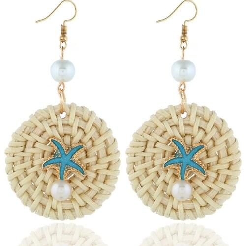 Summer Earring 2019 with Starfish Pearl Rattan Knit Drop Dangle Earring for Women Ocean Beach Long Earring Jewelry