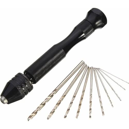 1 Set Micro Aluminum Hand Drill With Keyless Mini Chuck +10 x High Speed Steel Twist Drills Rotary Tools Wood Drilling