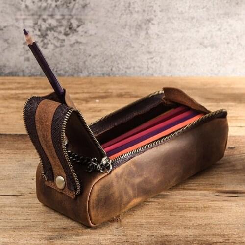 Retro Crazy Horse Leather Multifunctional Leather Pen Case Leather Double Zipper Coin Purse