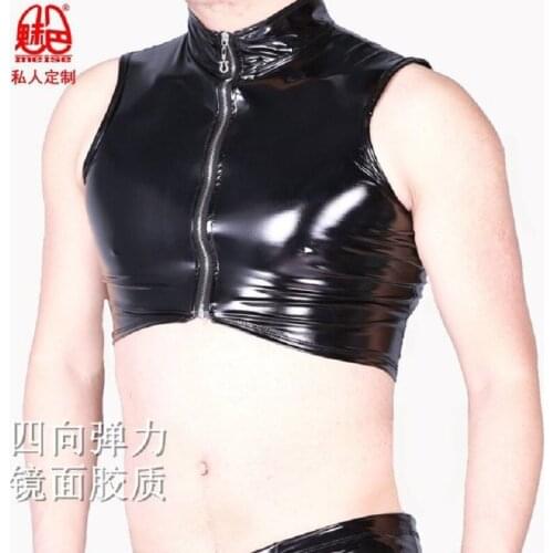 Mens Short Tank Top Bright Motor cycle Short Vest Sexy Stage Show Top Faux Leather High Collar Exotic Tanks Plus Size Gay Wear