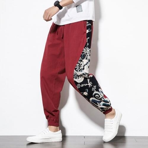 Men Harem Pants Traditional Chinese Clothing for Men Dragon Printed Elastic Waist Cotton Linen Trousers Men 2020 Autumn