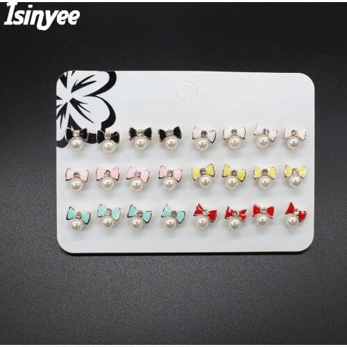 ISINYEE 12 Pairs/set Small Pearl Crystal Bow Stud Earrings Sets For Women Little Girls Korean Fashion Elegant Earring Jewelry