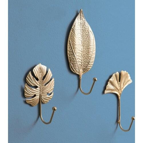 Nordic Wall Hooks for Hanging Clothes No-punch Wall Hanger Coat Key Hook Iron Art Wall Decorations Golden Leaves home storage