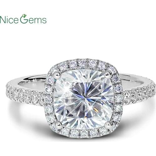 NiceGems 14k White Gold U-prong set and 3/4 band Cushion Cut Halo Moissanite Engagement Ring DF Color VVS1 for Women Jewelry