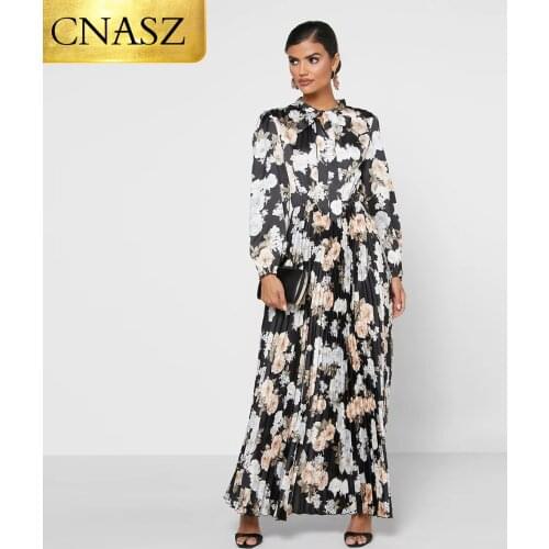 New Elegant Silky Satin Long Sleeve Dress Print Pleated Maxi Dresses Satin Dresses Wrap Waist Turkey Fashion Islamic Spain Women