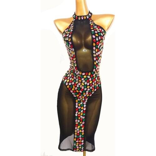 New Colorful Crystal Dresses Sexy Birthday Outfit For Women Black Mesh Evening Party Dance Wear Sleeveless Stage Costume VDB3658