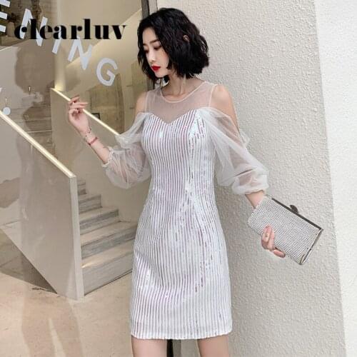 Solid Straight Banquet Dresses DR373 Above Knee Elegant Prom Dress Shining Sequin Vestidos De Fiesta Puff Sleeve Formal Gowns