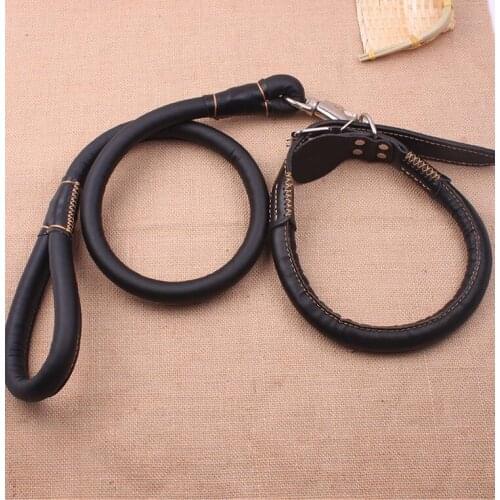 Collar+leash Real Leather round dog collar High quality sewing dog leather leash strong for Medium Large size Dogs black color