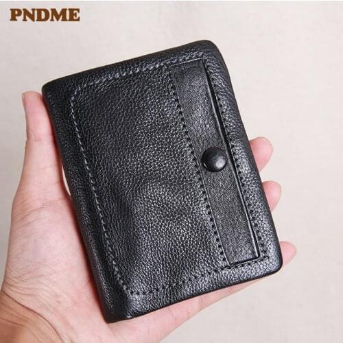 PNDME fashion casual genuine leather mens womens small wallet simple vintage designer high quality cowhide card holder purse