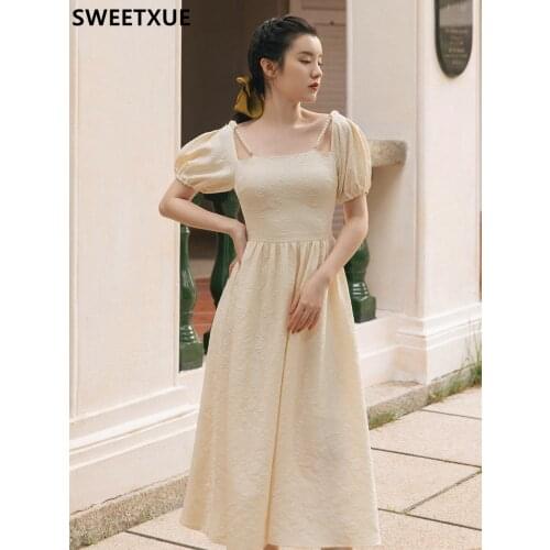 SWEETXUE Lady Summer French Palace Retro Fashion Square Neck Dress Temperament Beaded Fairy Party Chic Sweet Dress Women’s