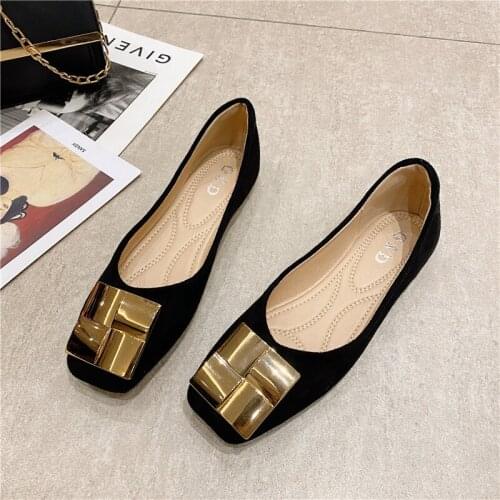 Spring Autumn Metal Decoration Flock Flat Shoes Woman Square Toe Black Red Flats Brief Style Loafers Chaussures Femme size 35-41