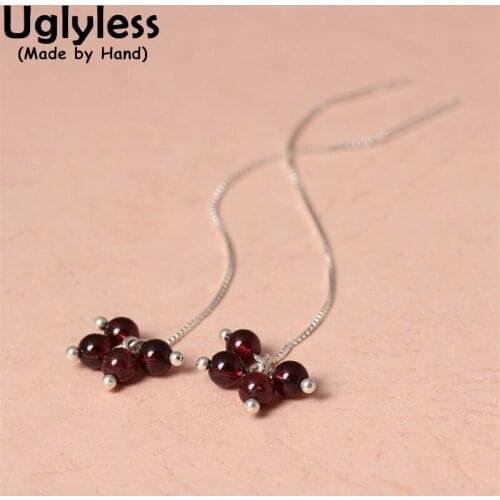 Uglyless 8.5CM Real Silver Long Ear Lines Pretty Garnet Balls Earrings for Women Real 925 Silver Summer Fashion Dress Jewelry