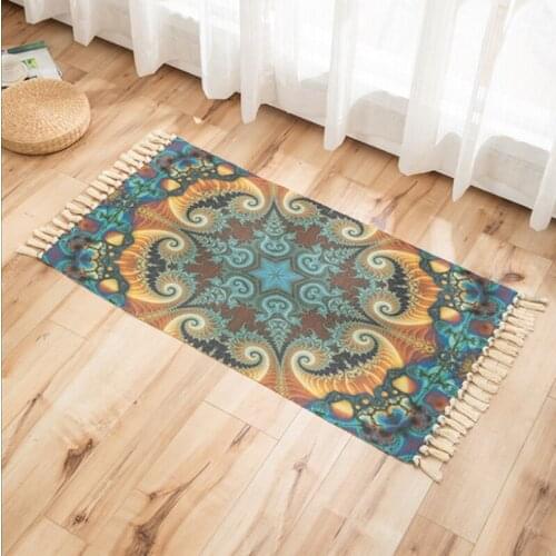 Bohemian Style Tassel Carpet Woven Handmade Hallway Bedroom Bedside Area Rugs Living Room Sofa Table Cotton and Linen Floor Mat