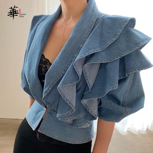 Denim-Shirt Summer V Neck Long Sleeve Ruffle Top Solid Female Blouses Summer Women Clothes Womens Short Top