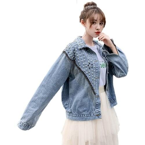 Korean Fashion Womens Streetwear Rivet Tassels Denim Jacket Women Coat Lady Casual New Spring Autumn Cowboy Outerwear Tops R509