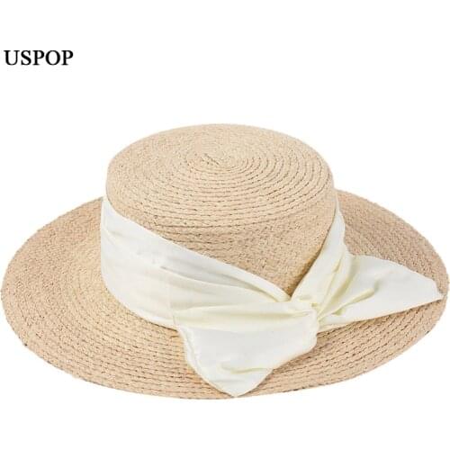 USPOP 2020 Women sun hats wide brim flat top straw hats female natural raffia straw hats big bow beach hat