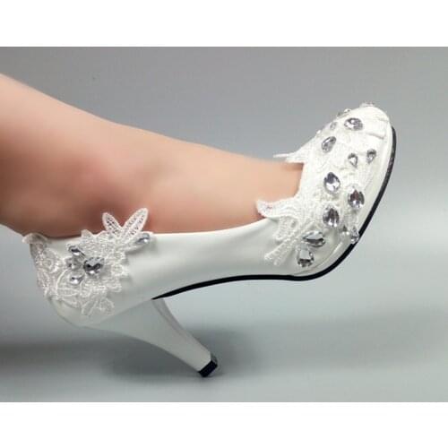 White flower crystal womens wedding shoes New Bride Fashion shoes woman High heels Pumps Thin heel Bridal party shoes