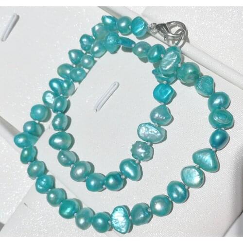 Women Jewelry natural pearl 6x7mm Light blue green baroque beads necklace real Natural freshwater pearl gift
