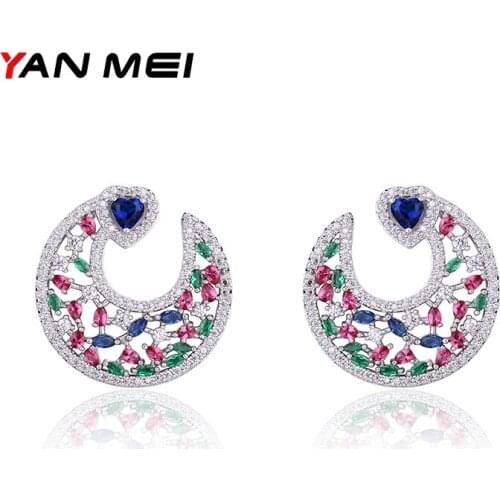 YAN MEI Women Jewelry Heart Colorful Cubic Zirconia Stud Earrings for Woman Accessories GLE7118