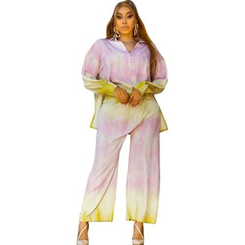 Ladies Trouser Suit Long-Sleeved Shirt Casual Wide-Leg Pants Two-Piece Set Autumn 2021 Fashion Loose Womens Printed Button Top