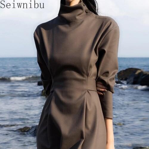 2020 Women Autumn High Waist up With Belt stand collar long dress Winter Basic matching plus size S-XL Female Clothes