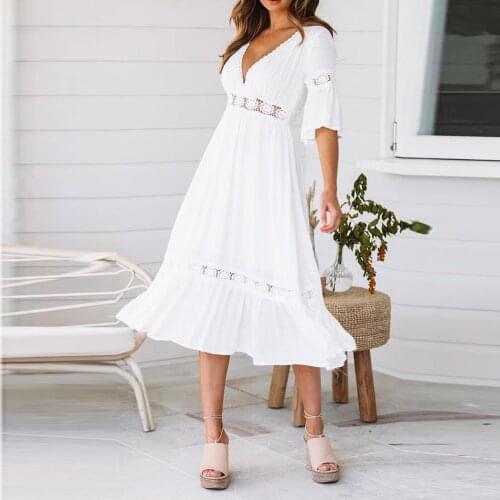 Womens Deep V Lace Banquet Dress 2021 Summer Boho Women Maxi Dress Loose Embroidery White Lace Long Tunic Beach Dress Vacation