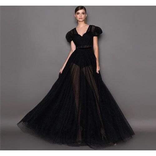 Latest Elegant Black Puff Short Sleeve Dot Lace Zipper Up A line Floor Length Billow Skirt Evening Dresses Vestido de noche