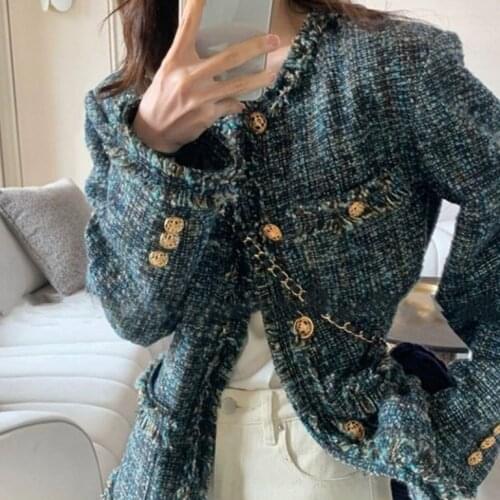 Womens Spring Coat Peacock Blue High-quality Ladies Customized Korean INS Style Tweed Retro Fashion Unique Clothes Wholesale CA