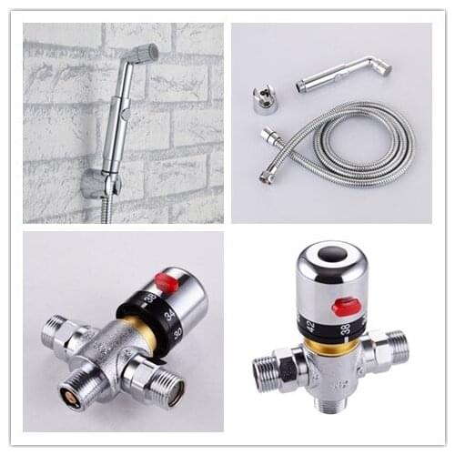 2 Mode Brass Bidet Hand Held Portable Bidet Sprayer Shattaf Toilet Shower Spray Set with 3 way Brass Thermostatic Mixing Valve