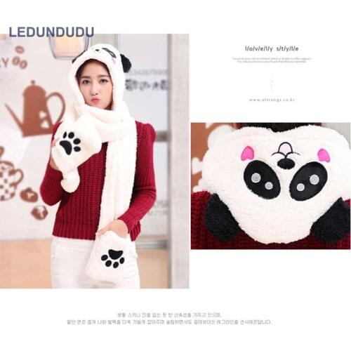 3 in 1 Functions Animal Cartoon Coral Fleece Scarf Winter Lovely Panda Hat with Gloves for Kids Adult Christmas Gift