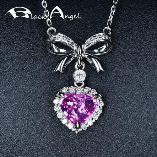 BLACK ANGEL 925 Silver Elegant Heart Shaped Pink Tourmaline Gemstone Pendant Bowknot Necklace for Women Jewelry Christmas Gift