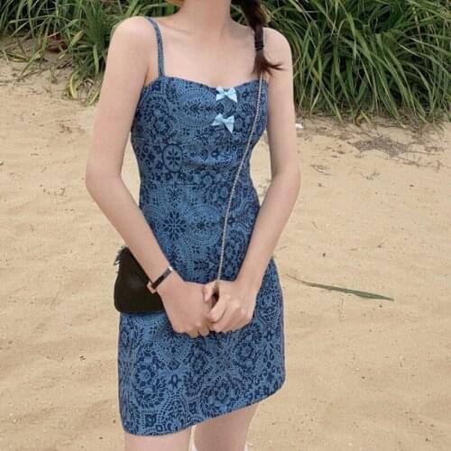 Girlish Style Bow Blue Printed Women Dresses Fashion Summer Sleeveless Spaghetti Strap Mini Dress Female Chic High Waist Dress