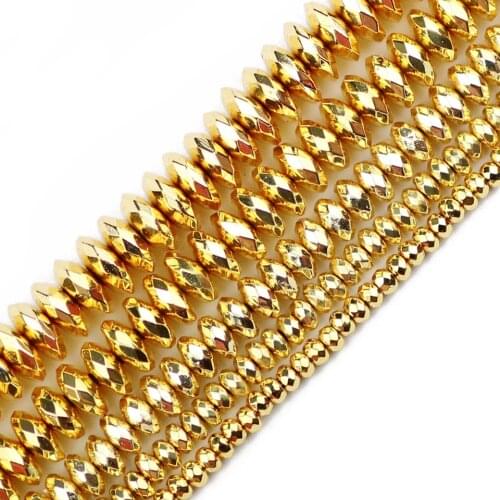 JHNBY Flat Faceted Round Hematite Spacer beads 3/4/6/8/10mm Natural Stone Gold color Loose bead for Jewelry bracelets Making DIY