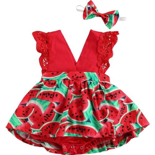 Cute Infant Baby Watermelon Print Clothes Set, Girls Sleeveless Deep V-neck Short Jumpsuit + Bow-knot Headband