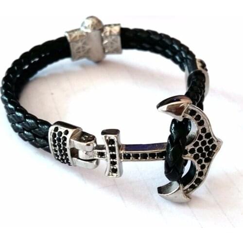 Beichong Fashion Atolyestone Stainless Steel Black CZ Stone Anchor with 4mm Black Leather Bracelets & Bangles