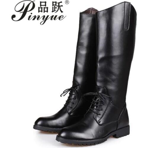 Round Toe Lace Up Mens Knee High Leather Boots Tall Top Military Shoes Army Autumn Mid Calf British Style Black Waterproof