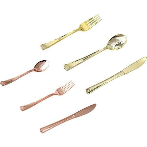 10Pcs Disposable Golden Rose Gold Tableware Set Plastic Knife Fork Spoon Wedding Birthday Party Decoration Cutlery Dropshipping