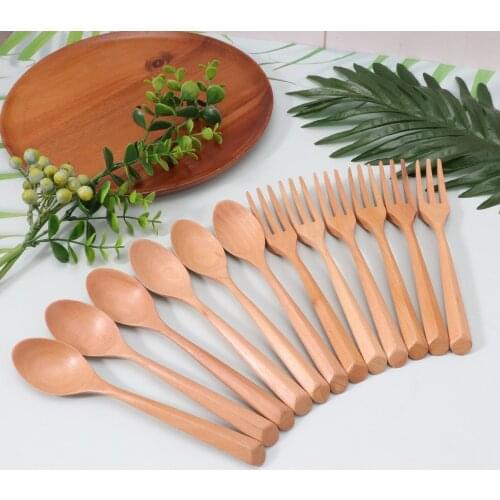 6-12pcs Wood Tableware Kitchen Cutlery Set Food Grade Natural Eat Soup Spoons Forks Japanese Vintage Portable Dinnerware