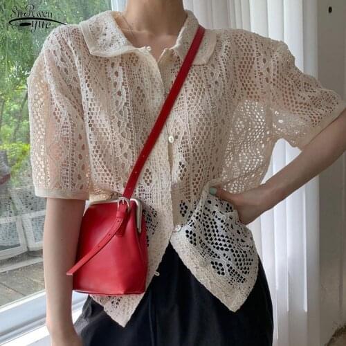 2021 Summer New Thin Lace Crochet Floral Shirt Korean Lace Blouse Women Perspective Short Sleeve Top Women Blusas Mujer 14842