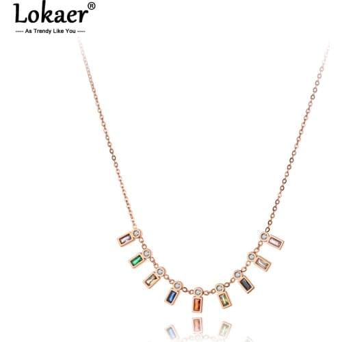 Lokaer Trendy Colorful AAA Cubic Zirconia Charm Pendant Necklace For Women Stainless Steel Bohemia Party Necklace Jewelry N20136
