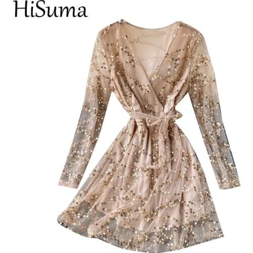 HISUMA Spring Autumn Women V-Neck Bling Sequin Dress New Lady Short Slim Waist Lace Up Bandage Zipper Tassels Ruffles Chic Dress