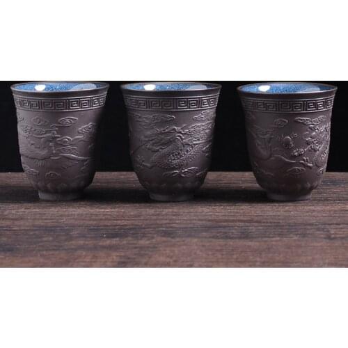 Purple Clay Dragon Phoenix Water Mug Zen Jade Porcelain Teacup Embossed White Tea Bowl Birthday Gifts Master Puer Tea Cups