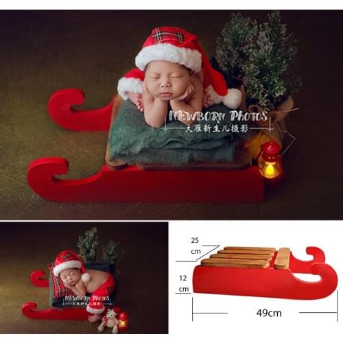 Christmas Baby Props Wooden Red Sled Newborn Christmas Outfit Pants Hat Pillow Set Props for Photography Accessories Boy Girl