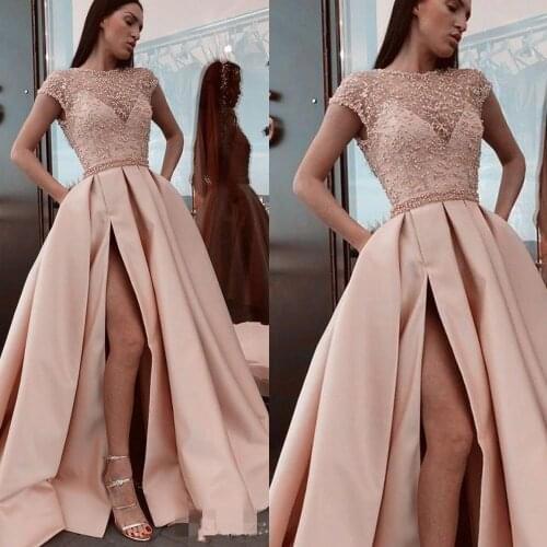 SuperKimJo Cap Sleeve Beaded Prom Dresses Vestidos De Graduacion Largos Champagne Elegant Prom Gown with Pockets