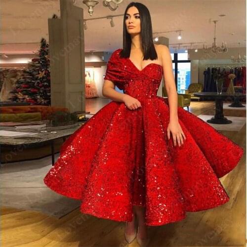 Middle East Red Sequin One Shoulder Evening Dresses 2021 Tea-Length Dubai Prom Party Gowns платье на выпускной Sexy Vestidos