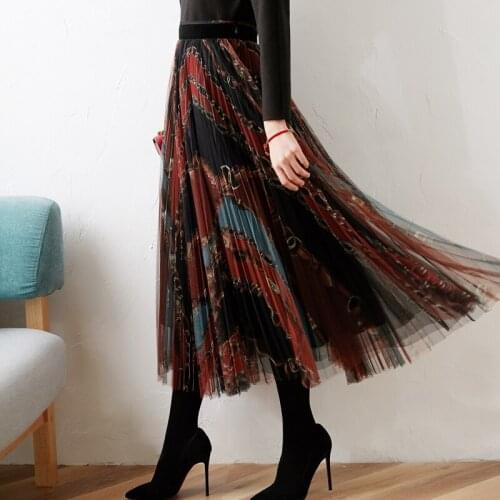 Printing New super fairy net veil skirts female qiu dong the a word pleated skirt of tall waist skirt long veil
