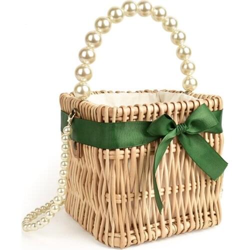 2020 New Pearl straw small handbag wild style women bag ins rattan small square bag shoulder beach bag