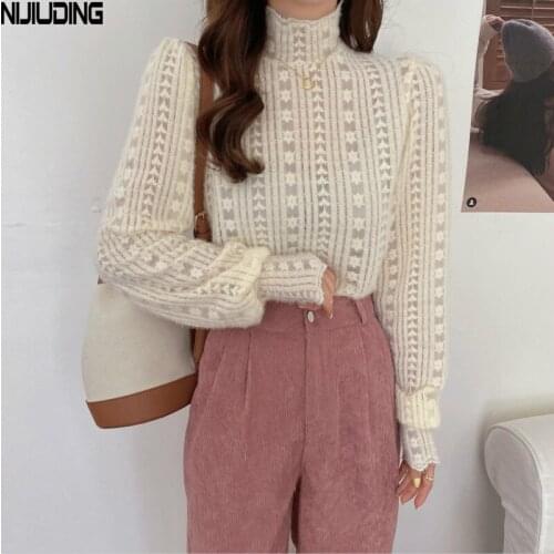 Women Retro Blouses 2021 Spring Autumn Long Sleeve Turtleneck Chiffon Shirts Female Puff Sleeve Solid Lace Bottoming Tops Mujer